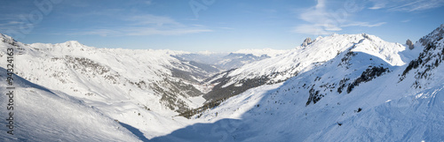 Panoramic view down a snowy mountain valley