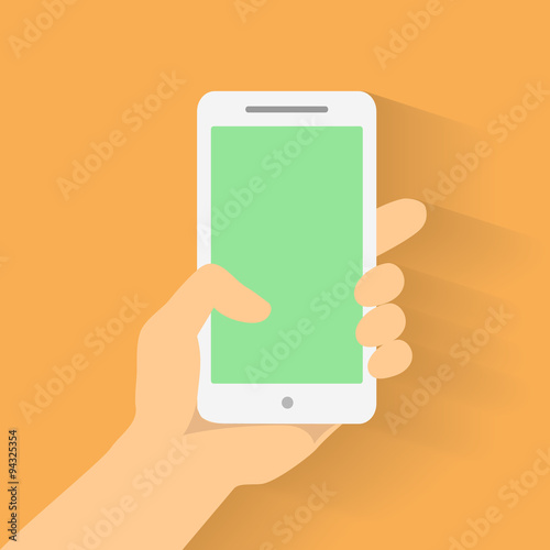 Hand holding smart phone on orange background. Flat design