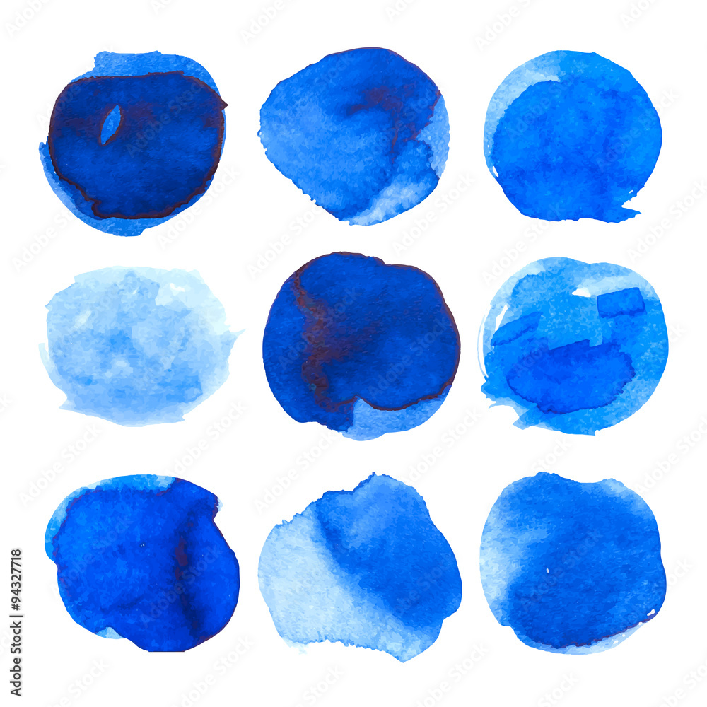 Set of blue ink stains isolated on white. Vector.