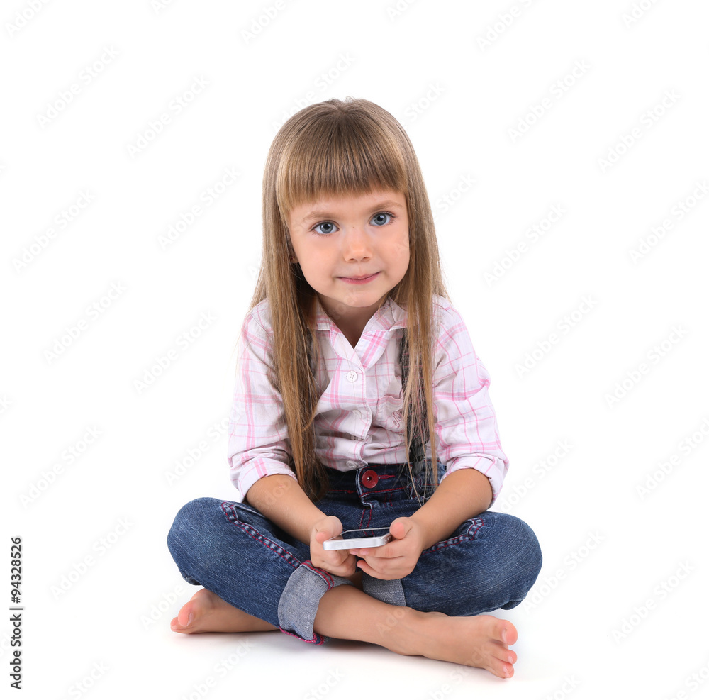 Beautiful little girl with mobile phone, isolated on white Beautiful little girl with mobile phone, isolated on white