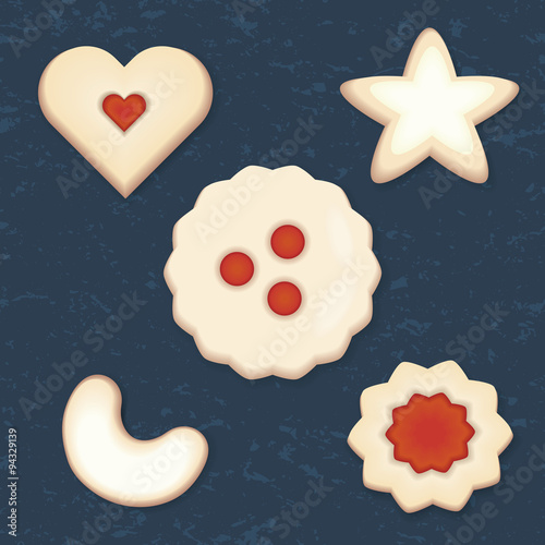 Traditional Austrian Christmas cookies – Linzer cookies, cinnamon star and Vanillekipferl (vanilla crescent) on dark textured background, vector illustration