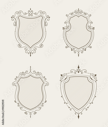 Set of luxury premium stylish templates in the form of a decorative medieval heraldic shields. Hotel, boutique, jewelry sign. Wedding, invitation, logo design. Borders, frames, labels in retro style.