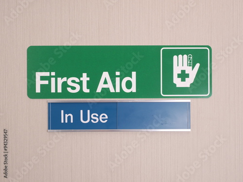 First aid door sign with occupied indicator at an industrial first aid room, Melbourne 2015