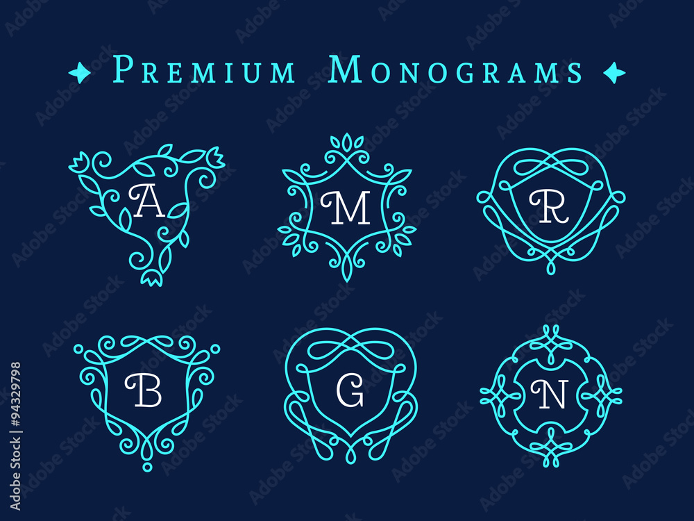 Set of elegant floral monogram template with letters. Monogram identity, business sign, logo design. Lineart vector illustration.