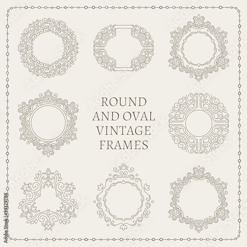 Set of elegant ornate floral design templates. Lineart vector frames and monograms illustration.