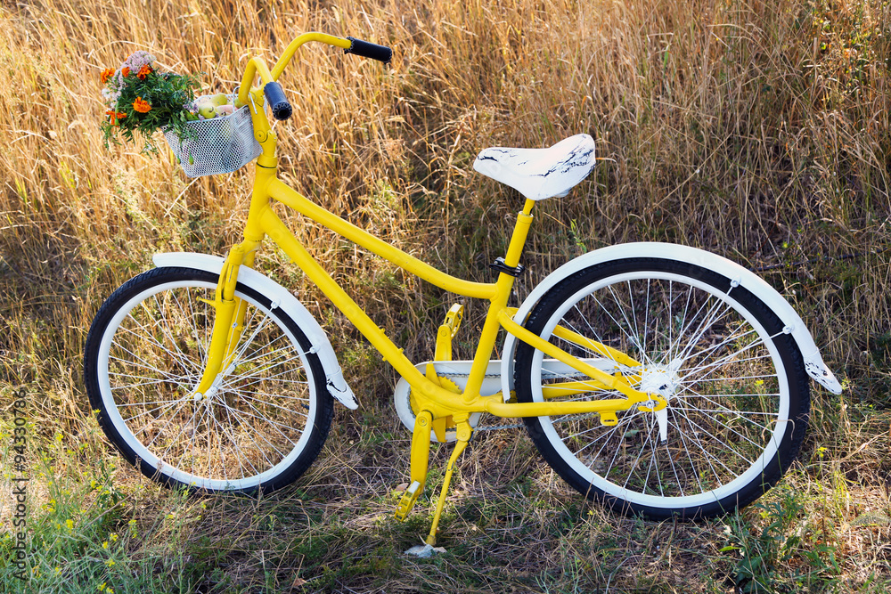 Beautiful yellow bicycle with bouquet of flowers in basket, outdoors