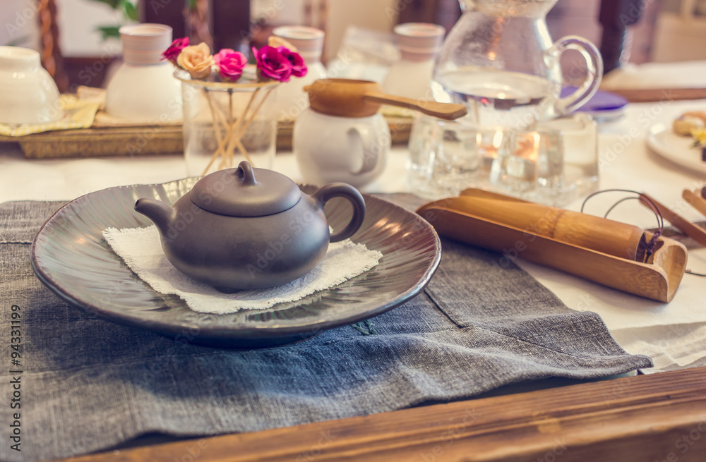 South korean tea ceremony table, vintage toning