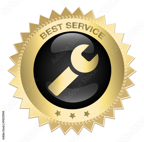 Best service seal or icon with pliers symbol. Glossy golden seal or button with stars.