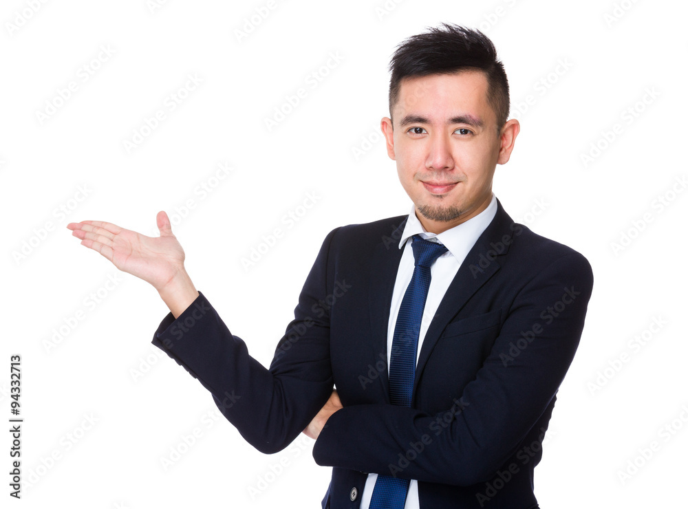Asian young Businessman with open hand palm Asian young Businessman with open hand palm