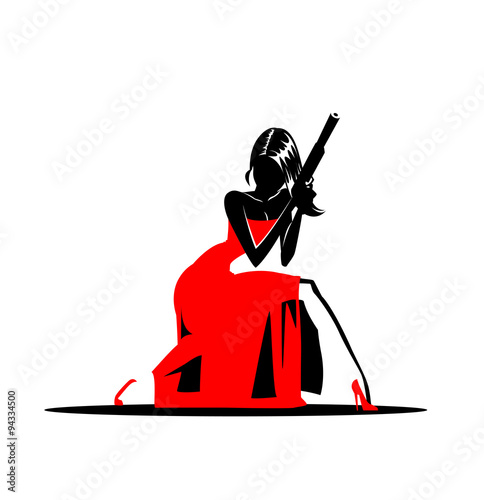 Woman secret agent. Posing on camera. Sexual woman in red dress