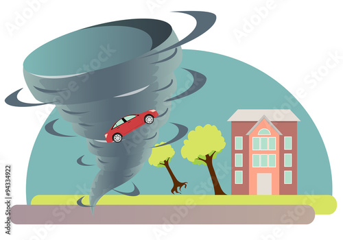 Tornado twisted tree and a car. Vector illustration

