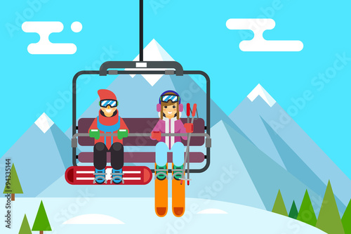 Ski resort holidays skier and snowboarder go up mountain funicular flat design vector illustration