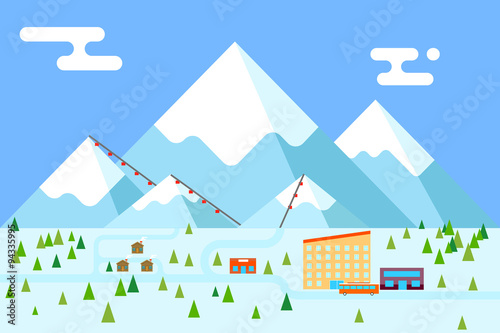 Mountain village hotel ski resort holidays bus shop funicular flat design vector illustration