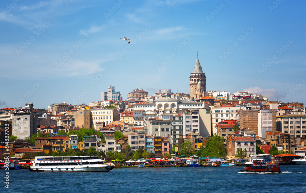 View of the passage the Gold Horn, Beyoglu's region, Galata Tower and a seagul flying in the blue sky