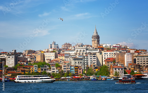 View of the passage the Gold Horn, Beyoglu's region, Galata Tower and a seagul flying in the blue sky