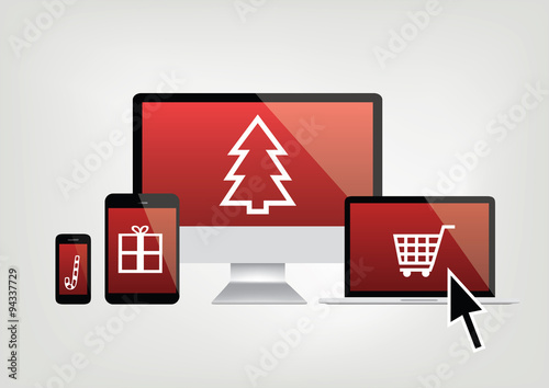 moderner computer, mobiltelefon, tablet , laptop mit weihnachten -  konzept: geschenke kaufen