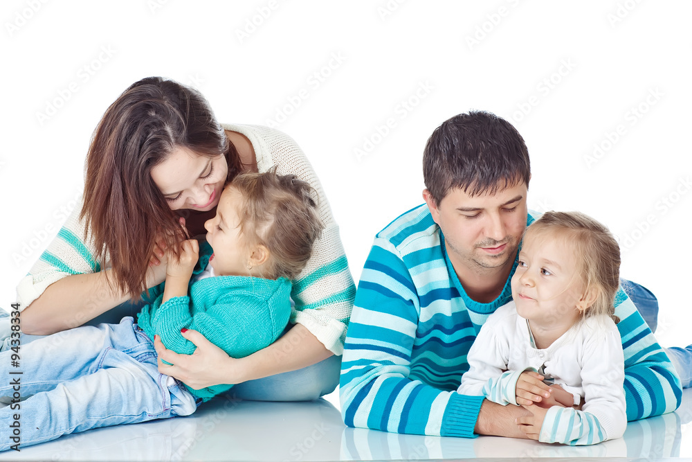 Happy family with kids in studio, white background Happy family with kids in studio, white background