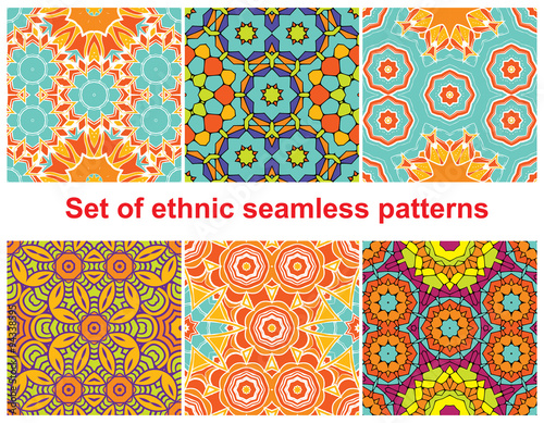 Set of six colorful geometric patterns (seamlessly tiling). Seamless pattern