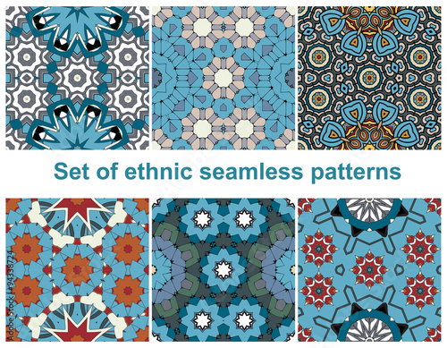 Set of six colorful geometric patterns (seamlessly tiling).Seamless.