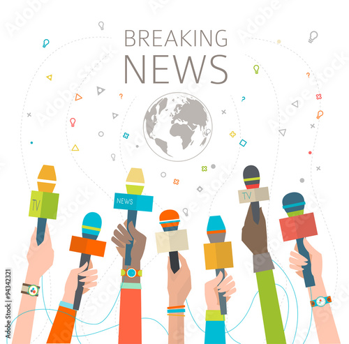 Concept of breaking news / hot news /  multicultural hands and microphone / vector illustration