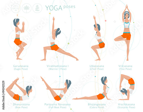 Concept of healthy lifestyle / young woman practices yoga / yoga meditation / set of poses / vector illustration / flat style