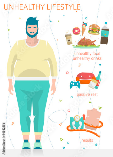 Concept of unhealthy lifestyle / fat man with his bad habits / vector illustration / flat style