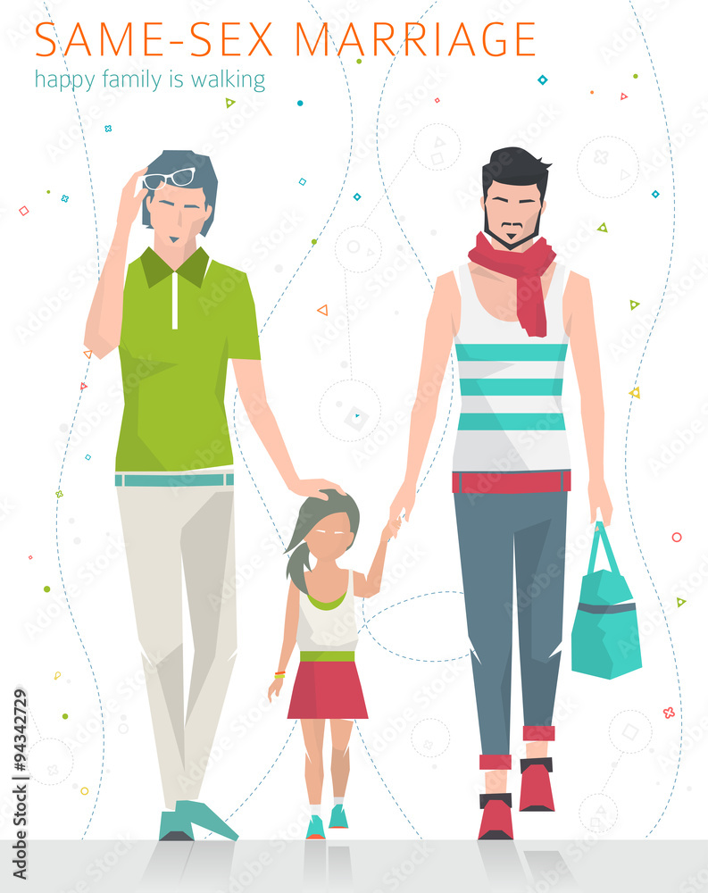Concept of same-sex marriage. Happy family is going for a walk. Two fathers and daughter