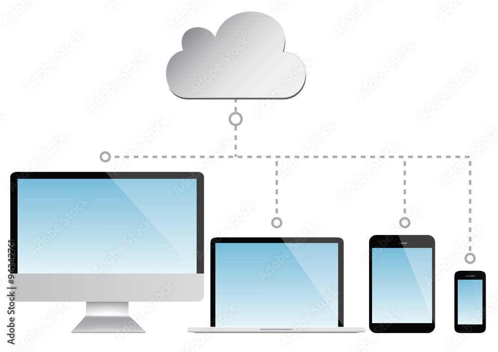 cloud computing illustration - laptop, computer, mobile phone, notepad cloud computing illustration - laptop, computer, mobile phone, notepad