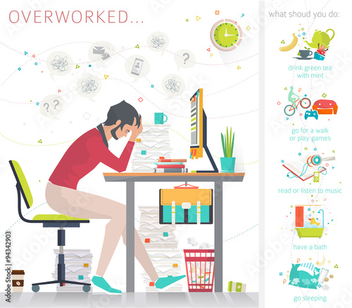 Concept of overworked man. Man has burned out on his workplace because of many tasks and deadlines. Tips what to do in oder to recover strength. Flat vector illustration.