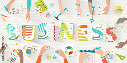 Concept of creating and building business / work in multicultural team / coworking / typography