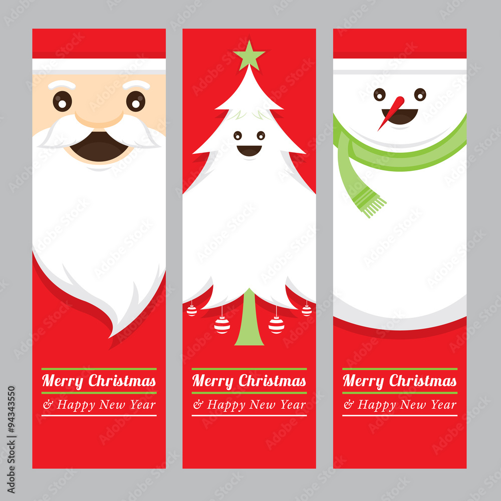 Santa Claus, Tree, Snowman Banner, Merry Christmas and Happy New year - obrazy, fototapety, plakaty 