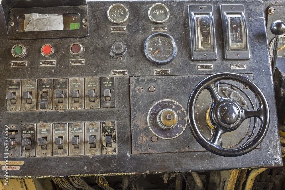 Preek lezing opslag steering wheel, switchboard and controlboard in an old train Stock Photo |  Adobe Stock