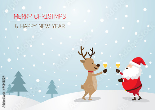 Santa Claus and Reindeer Drinking Champagne, Background, Merry Christmas and Happy New year © muchmania