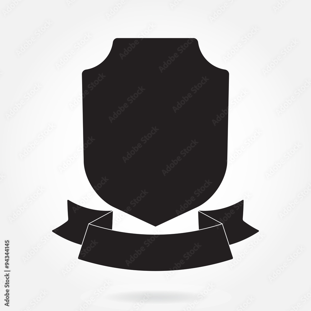 Shield and stylish ribbon. Black shield shape. Heraldic royal design. Vector illustration.