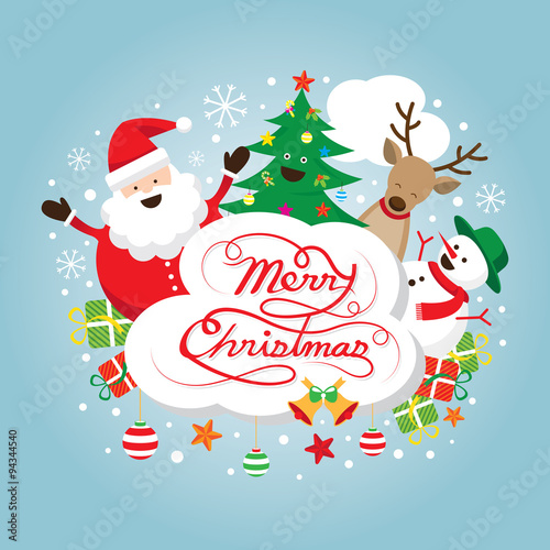 Santa Claus, Snowman, Reindeer and Tree Characters, Label, Merry Christmas and Happy New year