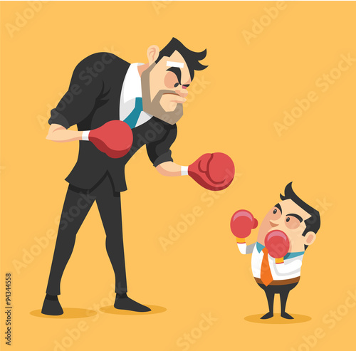 Businessman boxing against a giant businessman. Vector flat illustration