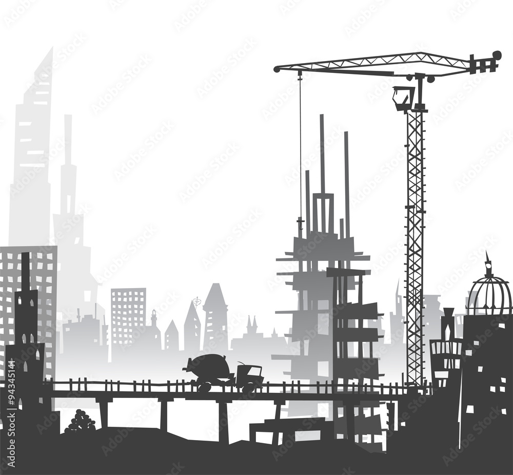 Naklejka premium Building construction city in the city. Illustration with roads and transport units