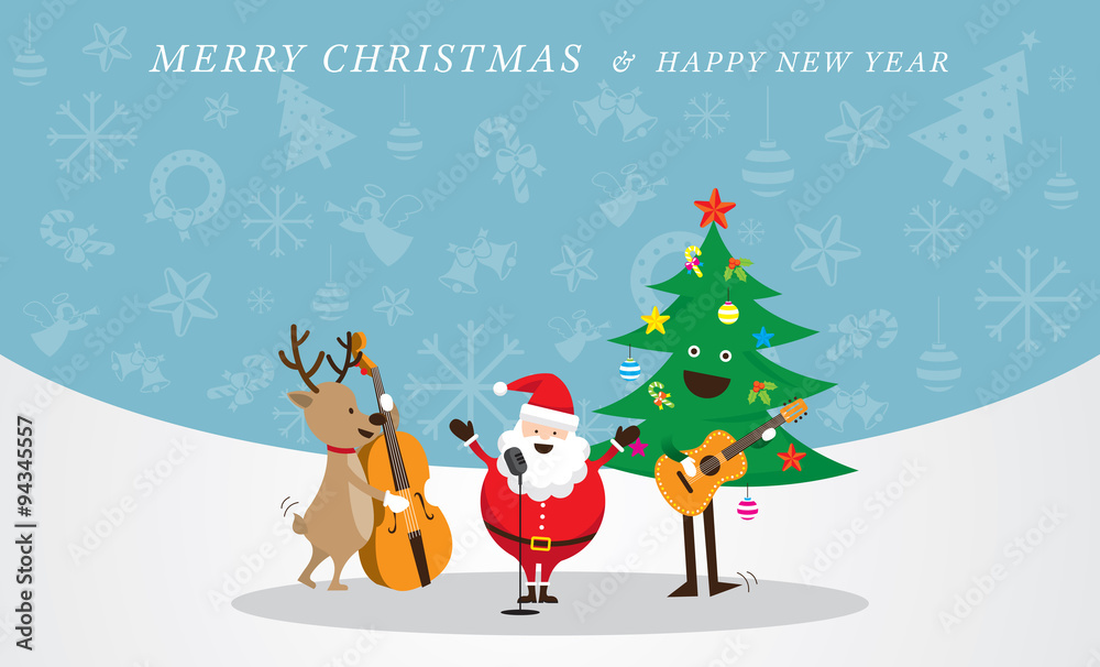 Santa Claus, Snowman, Reindeer, Playing Music Icons Background,Characters, Merry Christmas and Happy New year Santa Claus, Snowman, Reindeer, Playing Music Icons Background,Characters, Merry Christmas and Happy New year
