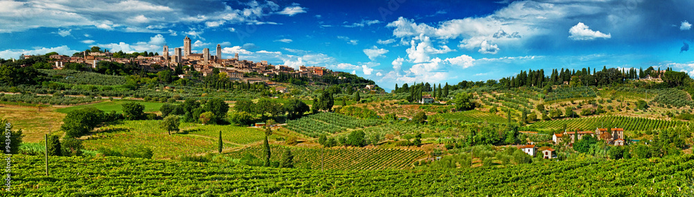 Panoramic view on San Gimignano, one of the nicest villages of Italy - obrazy, fototapety, plakaty 
