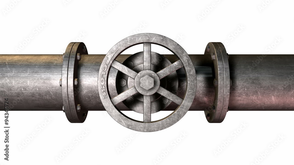 A metal shutoff valve wheel turning into the on position and attached to a metal pipe with bolts on an isolated background A metal shutoff valve wheel turning into the on position and attached to a metal pipe with bolts on an isolated background