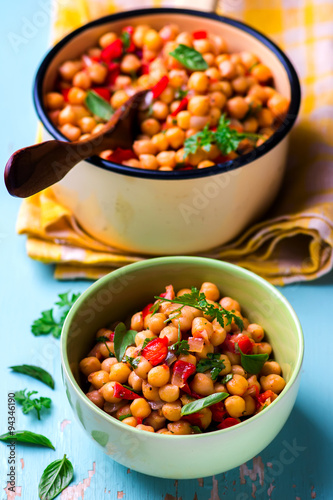 stewed chick-pea with vegetables. vegetarian dish.
