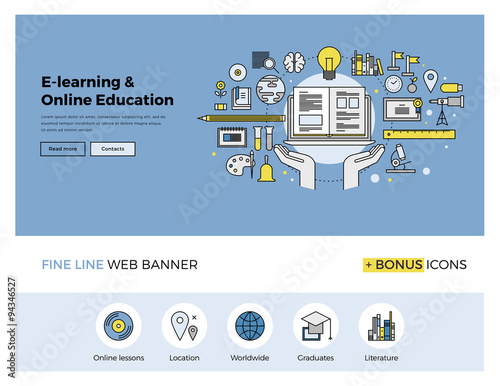 Online education flat line banner