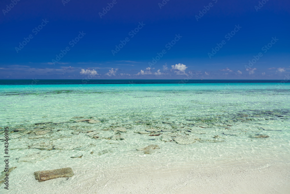 Great natural amazing gorgeous view of turquoise tranquil ocean horizon line with dark deep blue beautiful sky background at Cuban Cayo Coco island