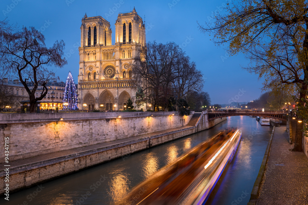 Christmas Tree at Notre Dame Cathedral illuminated in early evening on Ile de la Cite with passing tour boat on the Seine River, Paris, France