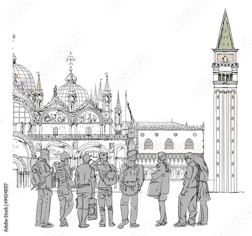 St. Marco in Venice and tourist on the square. Sketch collection