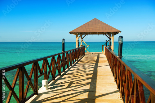 Wooden pontoon with canopy and with fence stretching into the sea