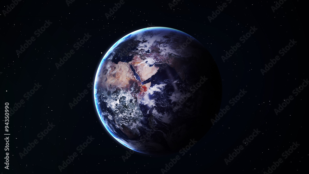 Peaceful background, blue night sky with Earth, stars, beautiful clouds, glowing horizon. Elements furnished by NASA