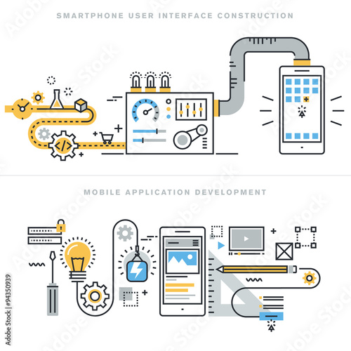 Flat line concepts for mobile website design and development, mobile application development, responsive design, programming, seo, smartphone user interface construction, for website banners.