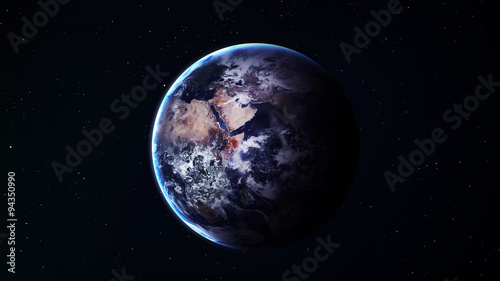 Peaceful background, blue night sky with Earth, stars, beautiful clouds, glowing horizon. Elements furnished by NASA