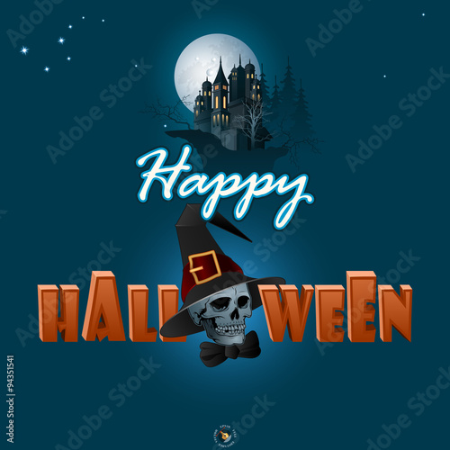 Happy Halloween, graphic background with haunted castle in the full moon light; Holidays, template with Halloween three-dimensional text and a skull/death wearing black wizard hat, space for text
